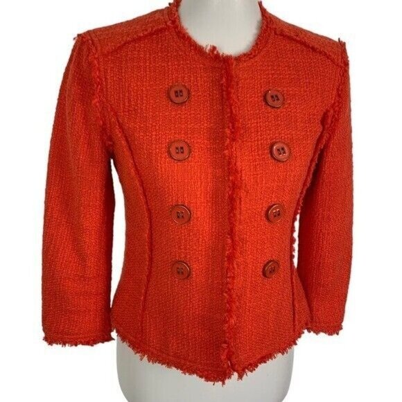 Jacqueline Riu Red Boucle Double Breasted Jacket Blazer Frayed Trim Button 36 - Picture 2 of 6